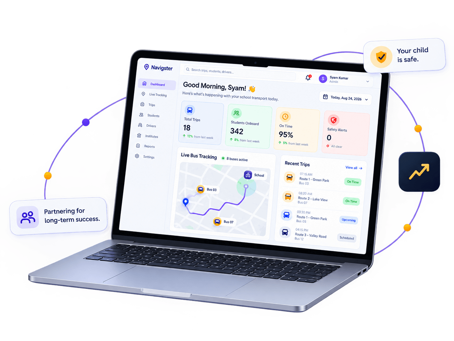 Navigster school transportation dashboard open on a laptop, showing live bus tracking, total trips, students onboard, on-time performance and recent trips