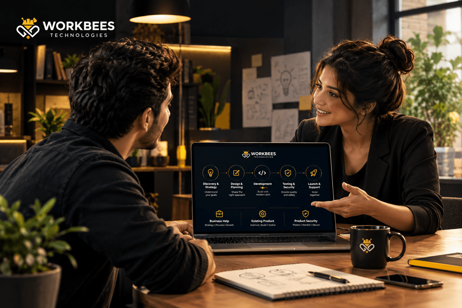 Workbees team discussing a digital product with a client